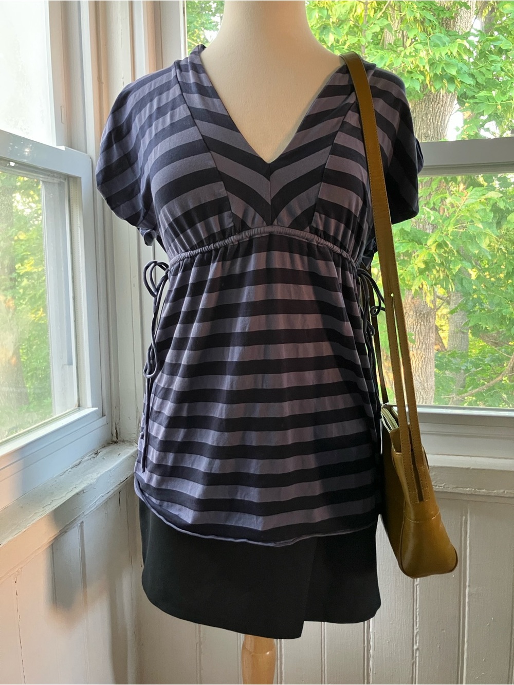 Vintage Y2K Ella Moss Blue Striped V-Neck Blouse with Adjustable Waist Ties